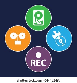 Record icons set. set of 4 record filled icons such as disc flame, rec, hard disc