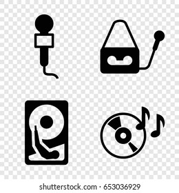 Record icons set. set of 4 record filled icons such as disc on fire, microphone