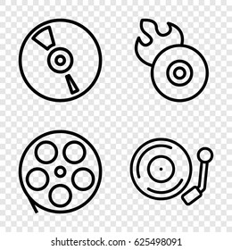 Record icons set. set of 4 record outline icons such as disc flame, CD, gramophone