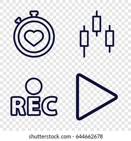 Record icons set. set of 4 record outline icons such as stopwatch, rec, play