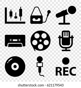 Record icons set. set of 9 record filled icons such as microphone, rec, cassette, disc, movie tape