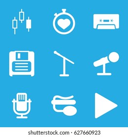 Record icons set. set of 9 record filled icons such as stopwatch, pin microphone, diskette, cassette, play, microphone