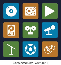Record icons set. set of 9 record filled icons such as disc on fire, play, gramophone, microphone, hard disc, disc