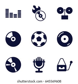 Record icons set. set of 9 record filled icons such as disc on fire, disc flame, microphone, cd, equalizer, movie tape