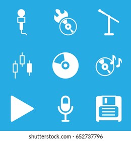 Record icons set. set of 9 record filled icons such as disc on fire, disc flame, microphone, diskette, play, cd
