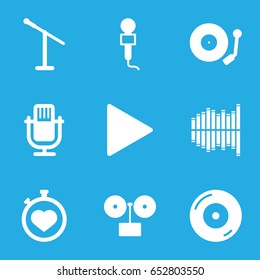Record icons set. set of 9 record filled icons such as stopwatch, disc on fire, microphone, play, equalizer