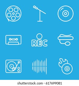 Record icons set. set of 9 record outline icons such as disc flame, pin microphone, rec, cassette, gramophone, equalizer, disc, movie tape