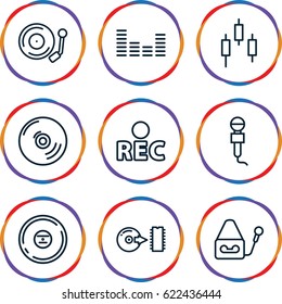 Record icons set. set of 9 record outline icons such as microphone, rec, CD, equalizer, disc, gramophone