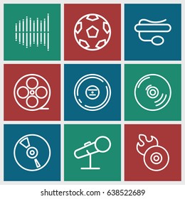 Record icons set. set of 9 record outline icons such as movie tape, disc flame, pin microphone, cd, equalizer
