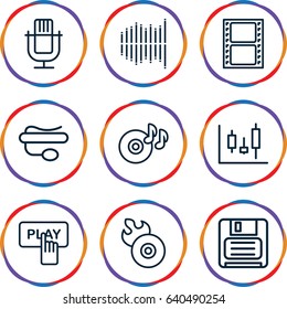 Record icons set. set of 9 record outline icons such as finger pressing play button, movie tape, disc on fire, disc flame, pin microphone, diskette, equalizer, panel control