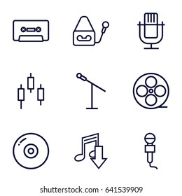 Record icons set. set of 9 record outline icons such as movie tape, microphone, cassette, control panel, disc