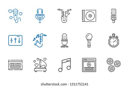 record icons set. Collection of record with buttons, video, music, gramophone, cassette, stopwatch, microphone, saxophone, levels, cd. Editable and scalable record icons.