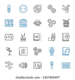 record icons set. Collection of record with cassette, microphone, disc, sound, audiobook, buttons, pause, drum, levels, drums, live, music. Editable and scalable record icons.