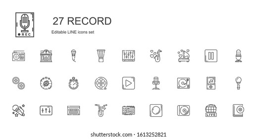 record icons set. Collection of record with disc, recorder, saxophone, cassette, levels, voice, turntable, microphone, play button, film reel. Editable and scalable record icons.