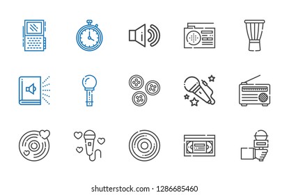 record icons set. Collection of record with microphone, vhs, compact disc, vinyl, radio, voice, buttons, audiobook, drum, sound, stopwatch. Editable and scalable record icons.