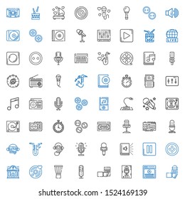 record icons set. Collection of record with microphone, video, recorder, radio, drum, vinyl, night club, button, pause, audiobook, audio guide. Editable and scalable record icons.