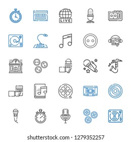 record icons set. Collection of record with music, buttons, microphone, stopwatch, compact disc, cassette, film reel, audiobook, radio, saxophone. Editable and scalable record icons.