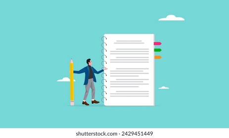 record important information in a notebook paper, diary or article book, business man holding pencil writing important information on notebook paper