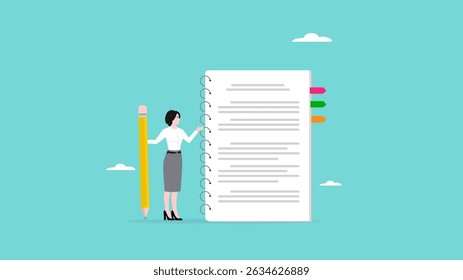 record important information in a notebook paper, diary or article book, business woman holding pencil writing important information on notebook paper