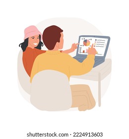 Record keeping isolated cartoon vector illustration. Homeschooling automated record keeping, teenager and adult looking at computer screen with charts of different colors vector cartoon.