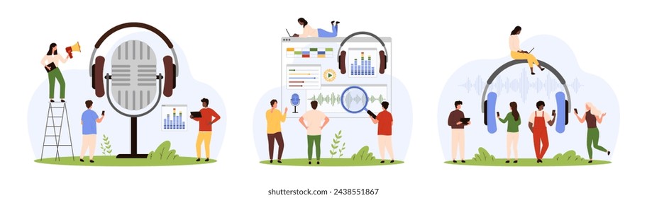 Record and listen to audio sound set. Tiny people recording voice or music with microphone, listening podcast or playlist on headphones using mobile app and sound settings cartoon vector illustration
