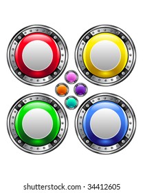 Record media player icon on round colorful vector buttons suitable for use on websites, in print materials or in advertisements.  Set includes red, yellow, green, and blue versions.