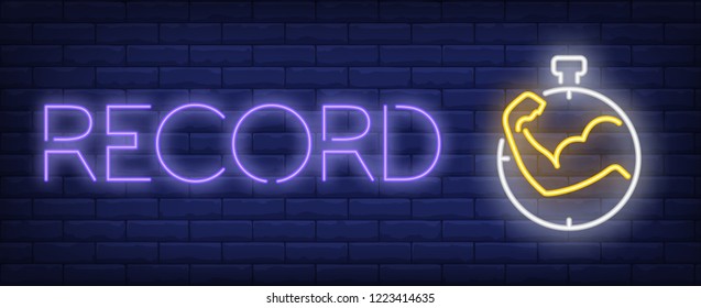 Record neon sign. Glowing inscription with muscle arm inside stopwatch on dark blue brick background. Can be used for advertisement, fitness clubs, health programs