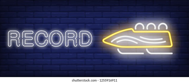 Record neon sign. Glowing inscription with yellow bobsleigh on brick wall background. Vector illustration can be used for sport, competition, bobsleigh