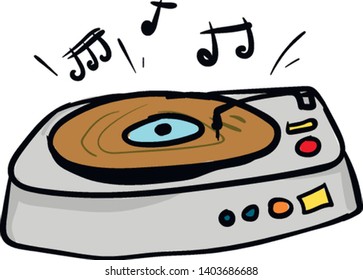 El reproductor de discos diseñado con altavoces estéreo integrados y botones de reproducción coloridos para iniciar/parar y ajustar el volumen del sonido mientras se reproduce música, vector, dibujo a color o ilustración.