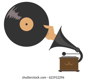 Record player, hand and record isolated. Hand holding a record appears from the loudhailer of the record player
