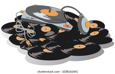 Record player, headphones are on the big pile of vinyl records illustration vector