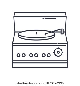 Record player icon, linear isolated illustration, thin line vector, web design sign, outline concept symbol with editable stroke on white background.