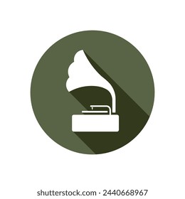 Record player icon with long shadow flat vector isolated on white background. Element for music concept. Symbol for web