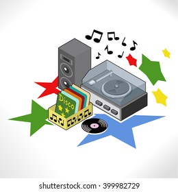 Record player, loudspeaker and a box of with disco music records, decorated with stars and notes (isometric view)