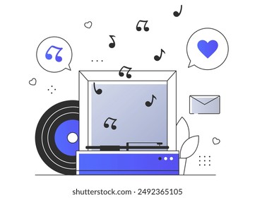 Record player. Old style of music on vinyl disk, phonograph. Entertainment, fun and relaxation. Favorite playlists with songs, tunes. Linear flat vector illustration on white background