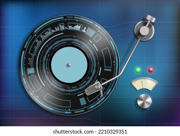 Record player and retro vinyl disc with futuristic HUD. vector illustration.