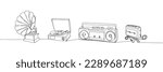 Record Player set, Turntable, Gramophone, tape recorder one line art. Continuous line drawing of vinyl, record, melody, studio, electronic, music, vintage, dj, phonograph, antique, disco, audio