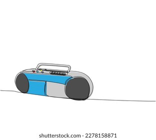 Record player, tape recorder one line color art. Continuous line drawing of tape, retro, cassette, vintage, hipster, music, compact, radio, audio, player, stereo, sound, boombox, 80s, disco, 90s