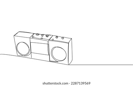 Record player, tape recorder one line art. Continuous line drawing of tape, retro, cassette, vintage, hipster, music, compact, radio, audio, player, stereo, sound, boombox, 80s, disco, 90s