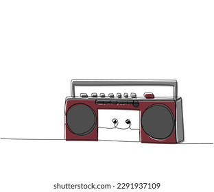 Record player, tape recorder one line color art. Continuous line drawing of tape, retro, cassette, vintage, hipster, music, compact, radio, audio, player, stereo, sound, boombox, 80s, disco, 90s