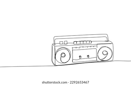 Record player, tape recorder one line art. Continuous line drawing of tape, retro, cassette, vintage, hipster, music, compact, radio, audio, player, stereo, sound, boombox, 80s, disco, 90s