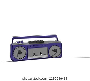 Record player, tape recorder one line color art. Continuous line drawing of tape, retro, cassette, vintage, hipster, music, compact, radio, audio, player, stereo, sound, boombox, 80s, disco, 90s