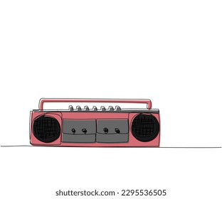 Record player, tape recorder one line color art. Continuous line drawing of tape, retro, cassette, vintage, hipster, music, compact, radio, audio, player, stereo, sound, boombox, 80s, disco, 90s