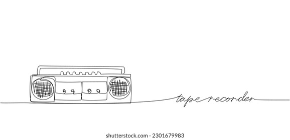 Record player, tape recorder one line art. Continuous line drawing of tape, retro, cassette, vintage, radio, audio, player, boombox, 80s, disco, 90s with an inscription, lettering, handwritten.