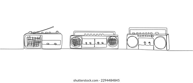 Record player, tape recorder set one line art. Continuous line drawing of tape, retro, cassette, vintage, hipster, music, compact, radio, audio, player, stereo, sound, boombox, 80s, disco, 90s