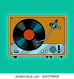 Record player turntable device with vinyl record pop art retro vector illustration. Comic book style imitation.