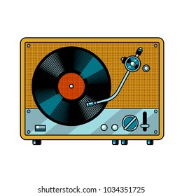 Record player turntable device with vinyl record pop art retro vector illustration. Isolated image on white background. Comic book style imitation.