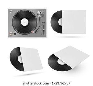 Reproductor de registros, conjunto realista convertible. Discos de vinilo en maquetas de embalaje de papel vacías. Delante, tres cuartos de vista. Plantillas de equipos de audio retro. Reproductor de vinilo vectorial aislado en fondo blanco.