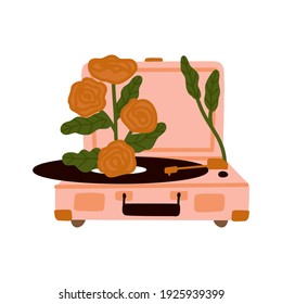 Record player with vinyl disc and bloom rose flowers illustration