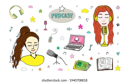 Record a podcast. Media items, vector isolated elements. Girls with a microphone. Vector illustration for kids